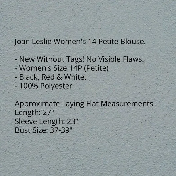 Joan Leslie 14P Black Red & White Long Sleeve Blouse - Picture 7 of 7